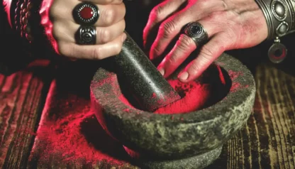 Ein Druide zerstäubt Drachenblut in einem Mörser