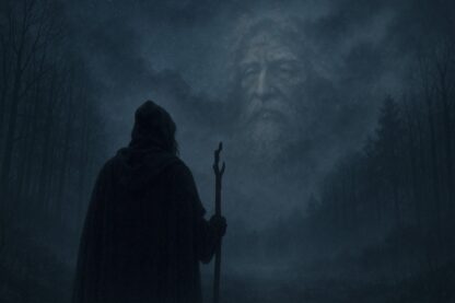 Ein Geistführer wacht vom Nachthimmel über einen keltischen Druiden
